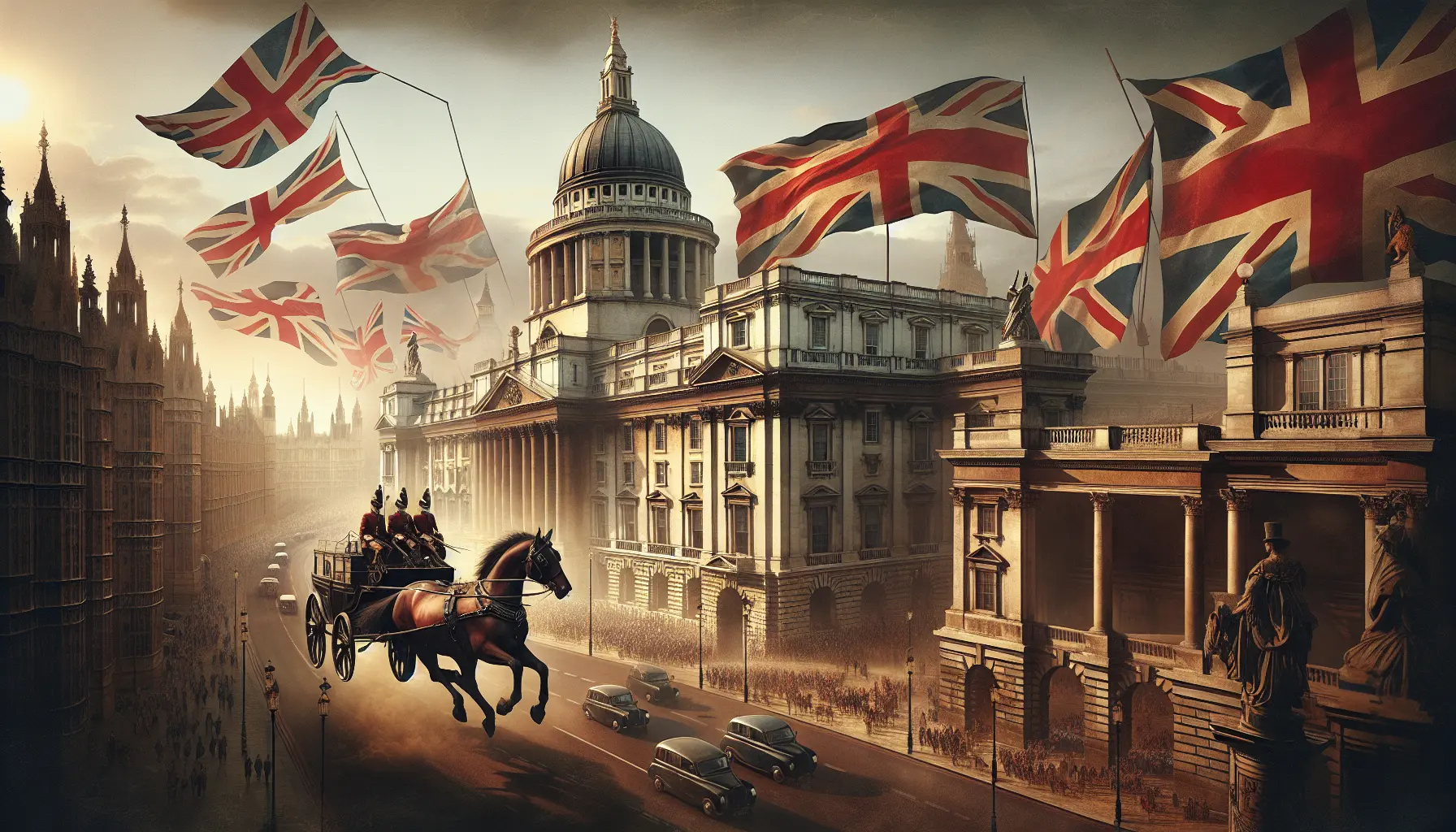 Un collage di immagini che rappresentano le tradizioni e le celebrazioni culturali del Regno Unito, come il Giubileo della Regina e il Remembrance Day.