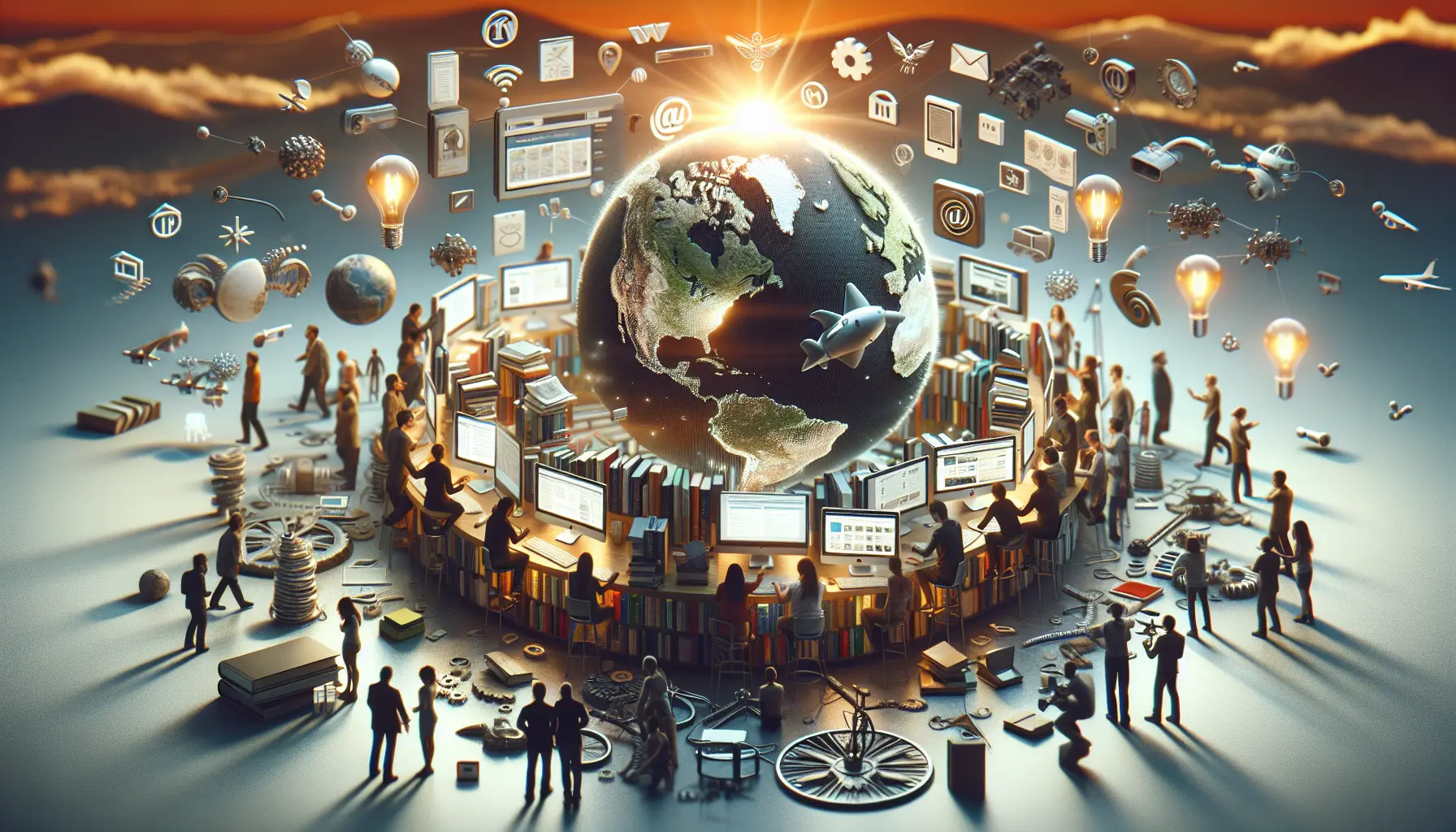 Un'immagine che rappresenta l'idea di accesso libero alla conoscenza, con simboli di Wikipedia e altre iniziative della Wikimedia Foundation.