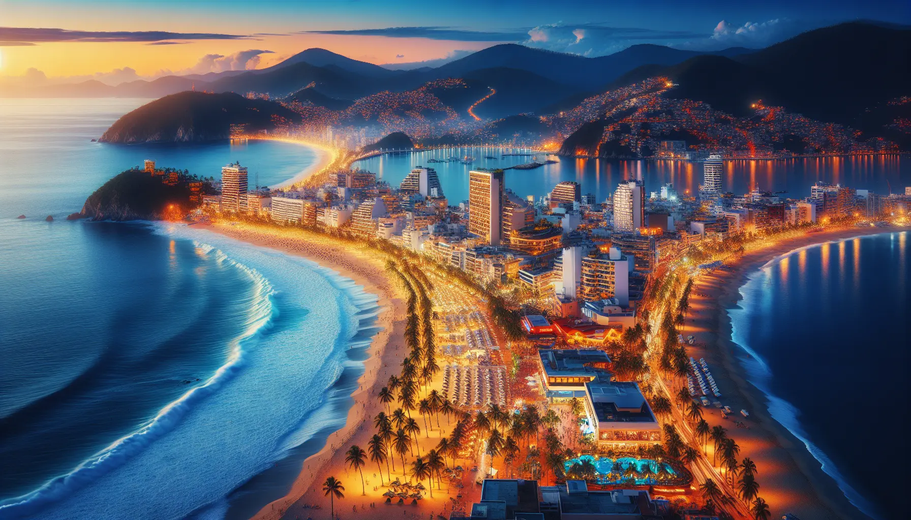Spiaggia di Acapulco al tramonto con palme e luci notturne