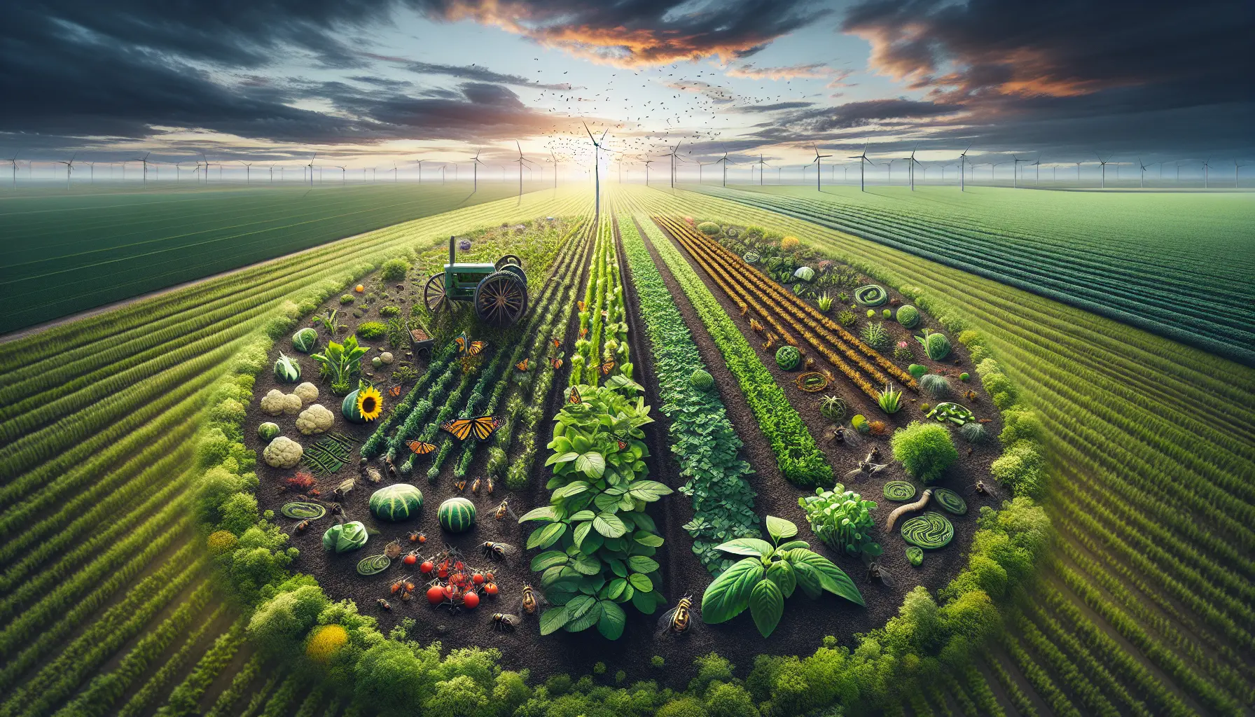 Un campo rigoglioso con diverse varietà di piante e alberi, rappresentante l'agricoltura rigenerativa e la biodiversità.