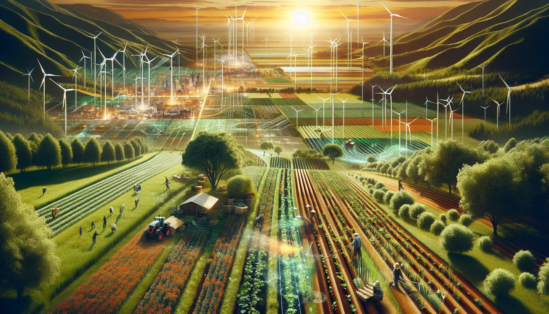 Un campo agricolo rigenerativo con diverse colture e animali che coesistono in armonia.