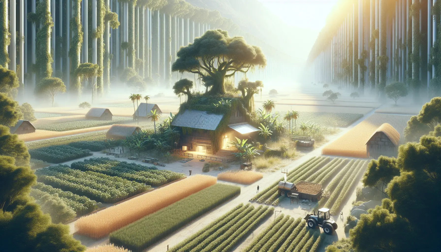 Un campo agricolo rigenerativo con diverse colture e piante di copertura sotto un cielo sereno.