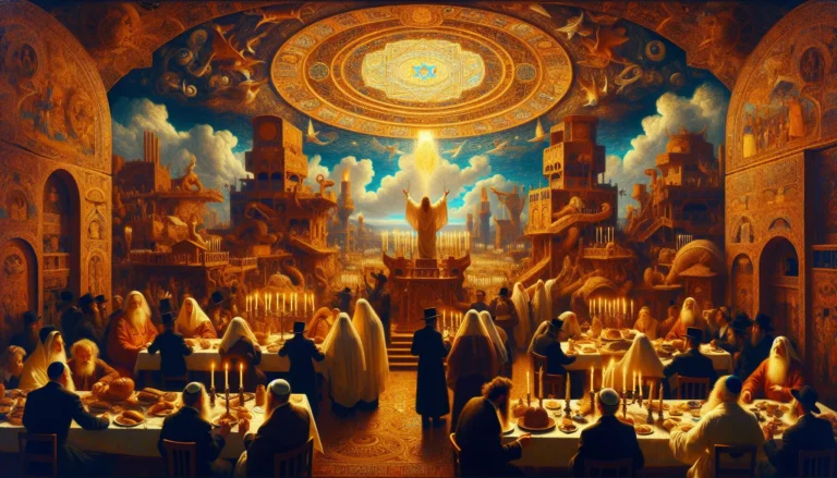 Un'immagine che rappresenta la cultura ebraica, con simboli come la menorah e la Torah, in un contesto festivo.