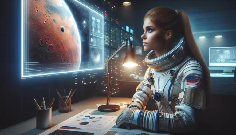 Alyssa Carson durante un evento dedicato all'astronautica, con un modello di razzo spaziale sullo sfondo.