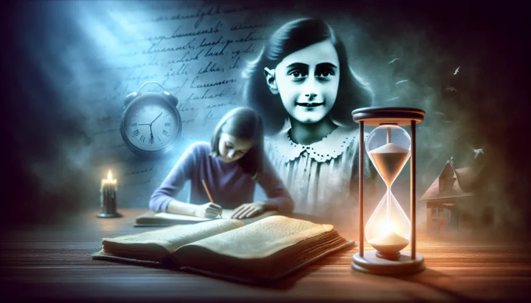 Ritratto di Anna Frank con il suo diario in una stanza buia simbolica