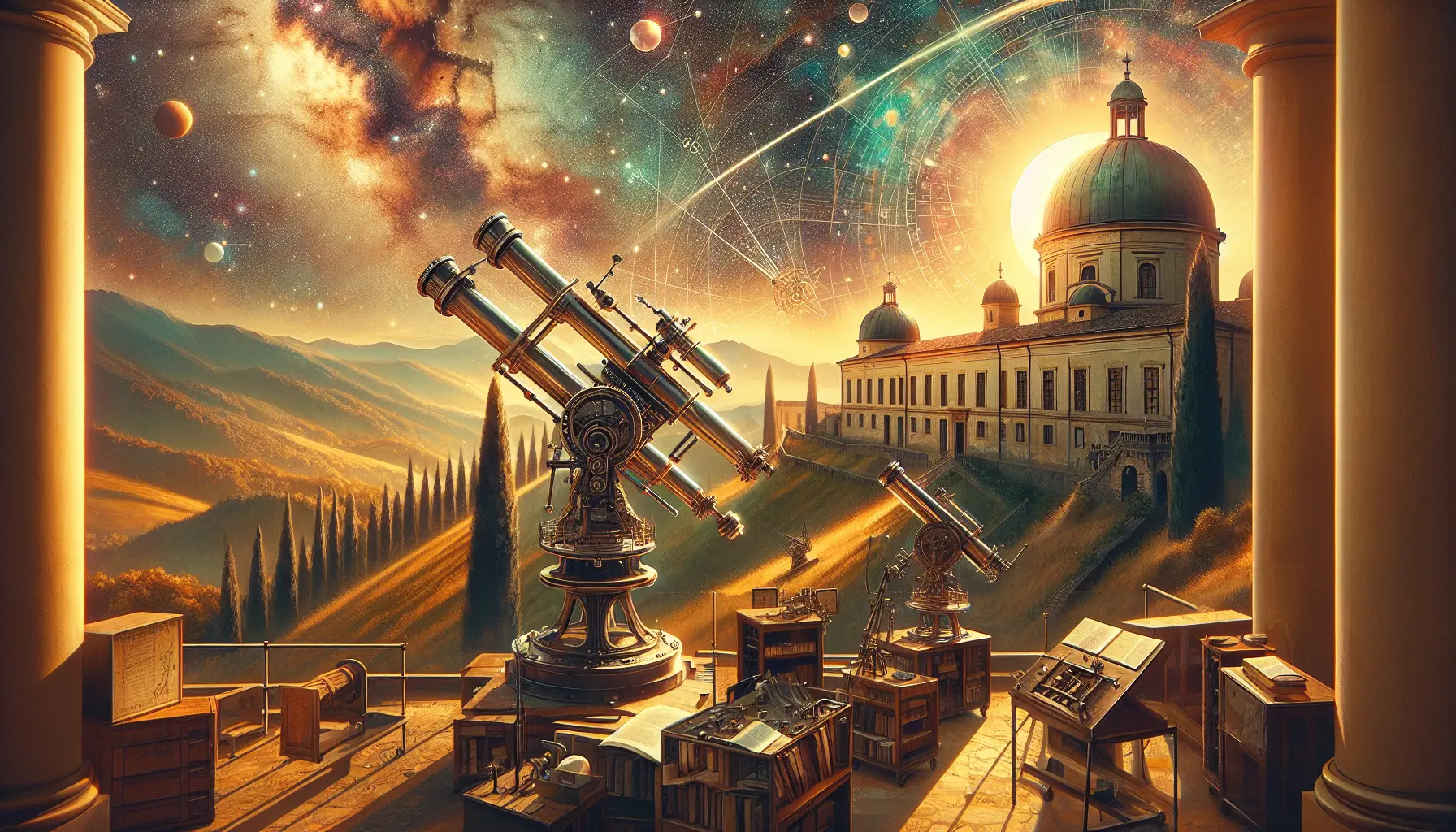 Ritratto di Annibale de Gasparis con telescopio, immerso nella contemplazione del cielo notturno.