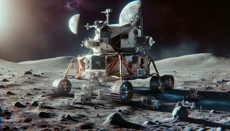 Astronauti in esplorazione sulla superficie lunare con il rover lunare e il paesaggio lunare sullo sfondo.