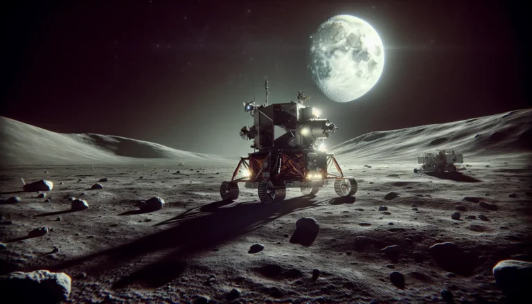 Astronauti di Apollo 15 mentre esplorano la superficie lunare con il Rover Lunare.