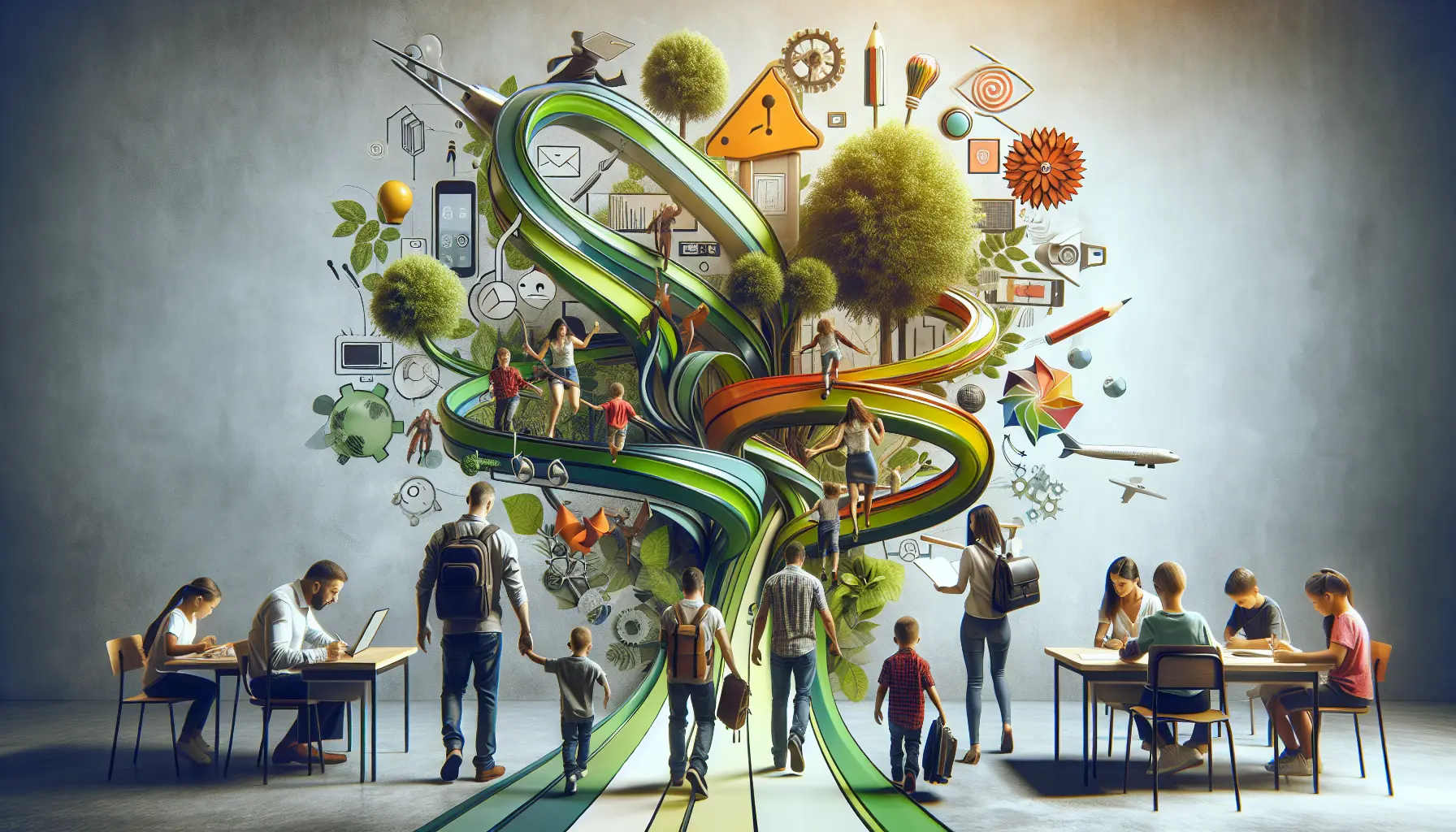 Un genitore e un bambino che studiano insieme, esplorando materiali didattici diversi.