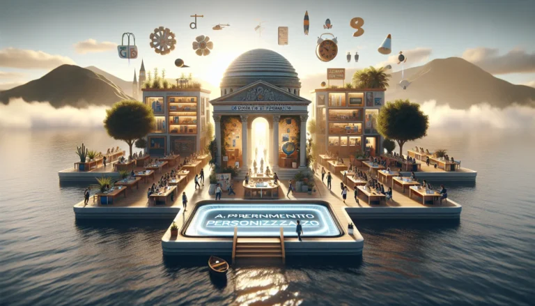 Un insegnante guida un gruppo di studenti in un'attività di apprendimento personalizzato, ognuno impegnato in un progetto diverso.