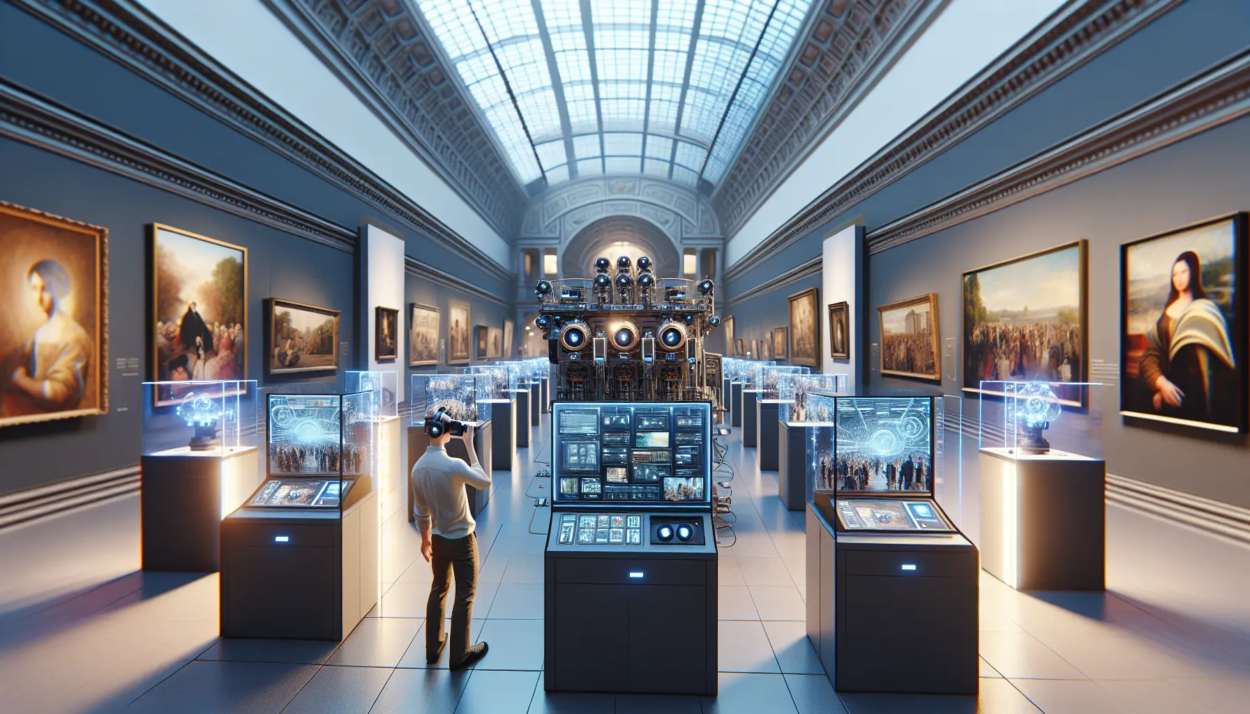 Un visitatore esplora un museo attraverso un'app di realtà aumentata, interagendo con opere d'arte digitali.