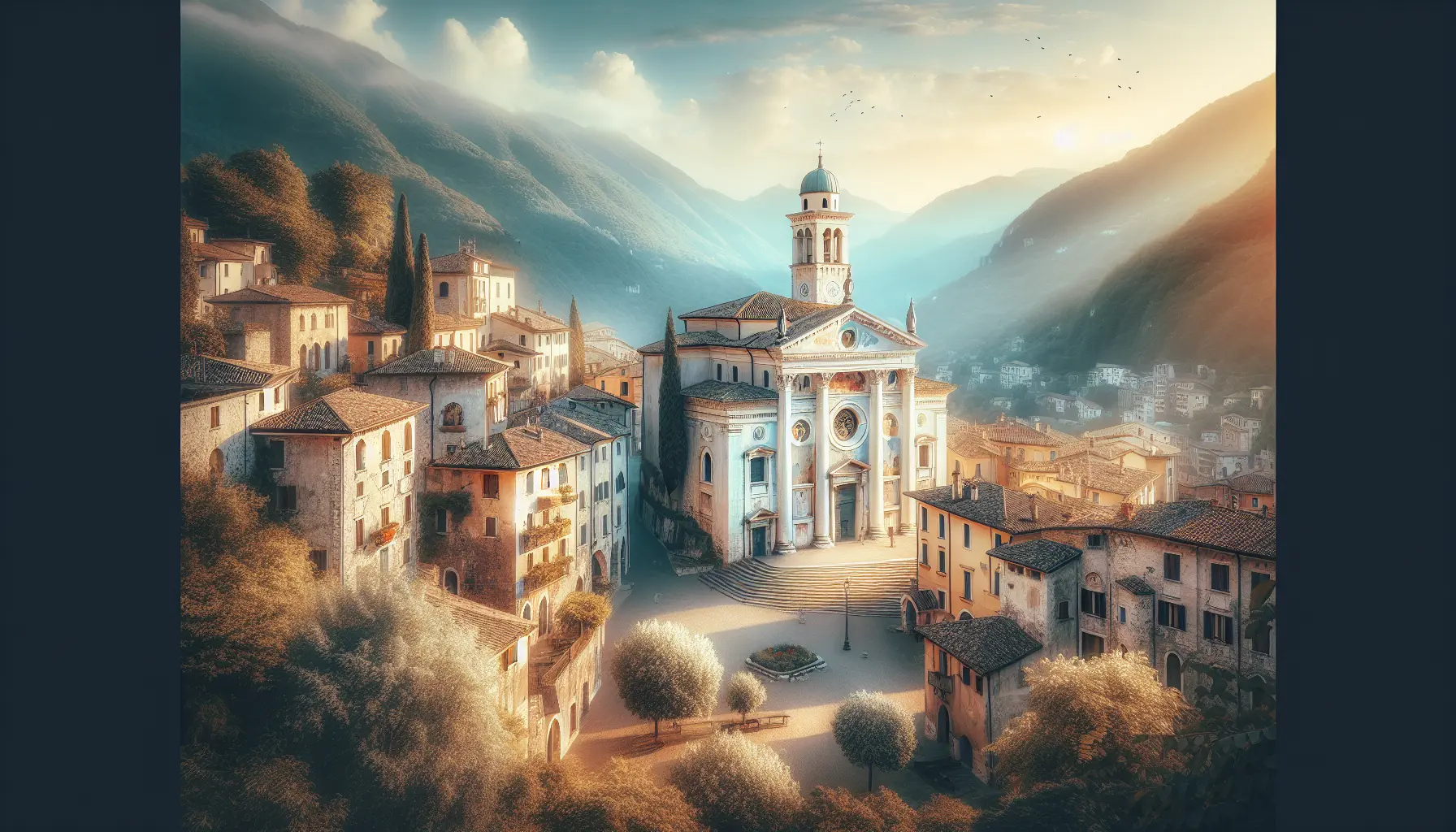 Vista panoramica di Asolo con colline verdi e antichi edifici storici.