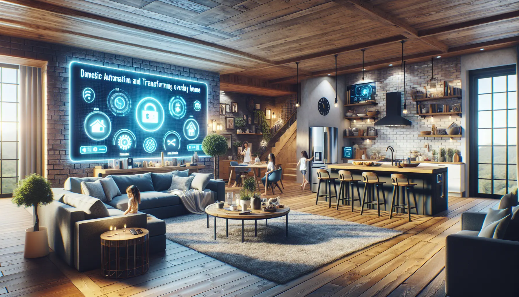 Una famiglia felice in una casa intelligente, circondata da dispositivi smart che migliorano la loro vita quotidiana.