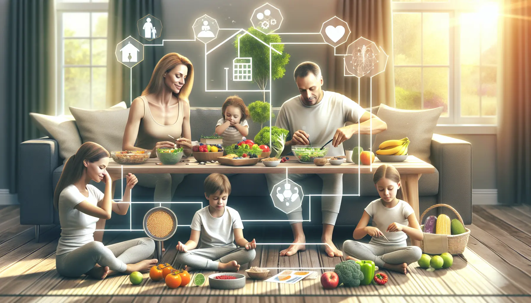 Famiglia che pratica attività fisica all'aperto insieme, sorridendo e divertendosi
