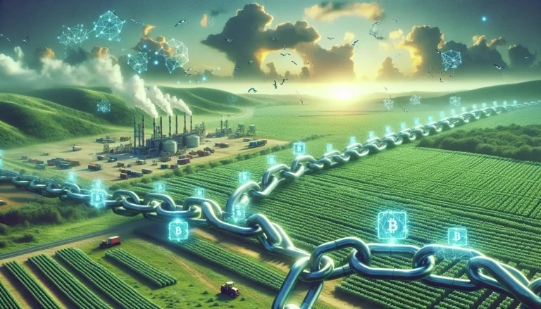 Rappresentazione grafica della blockchain applicata alla sostenibilità ambientale, mostrando collegamenti tra diversi settori e pratiche sostenibili.