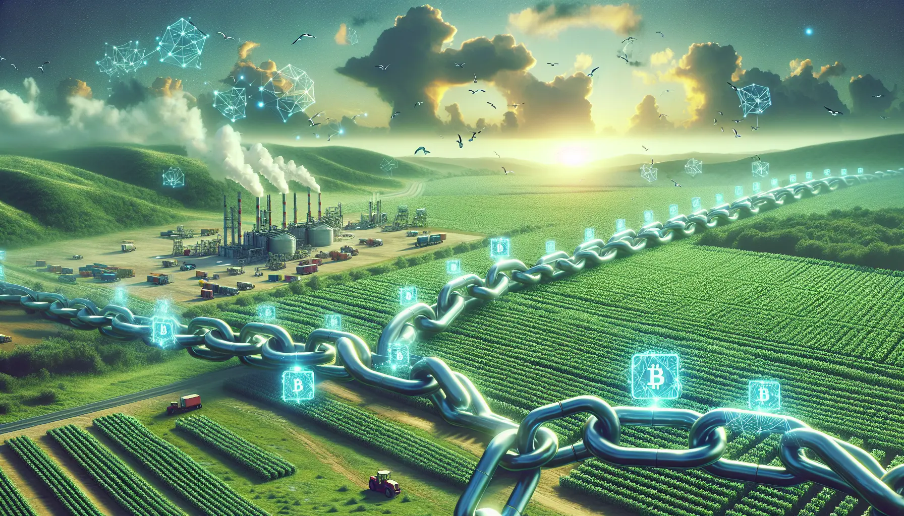 Rappresentazione grafica della blockchain applicata alla sostenibilità ambientale, mostrando collegamenti tra diversi settori e pratiche sostenibili.