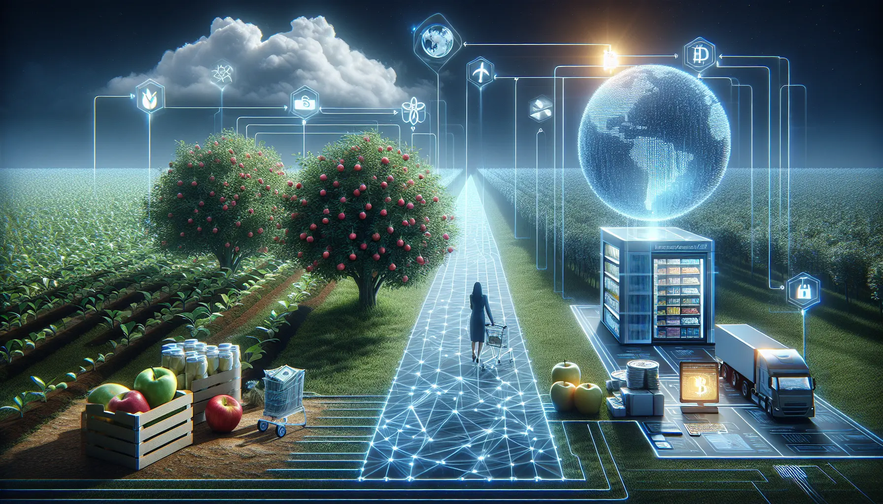 Rappresentazione grafica della tecnologia blockchain con nodi e transazioni