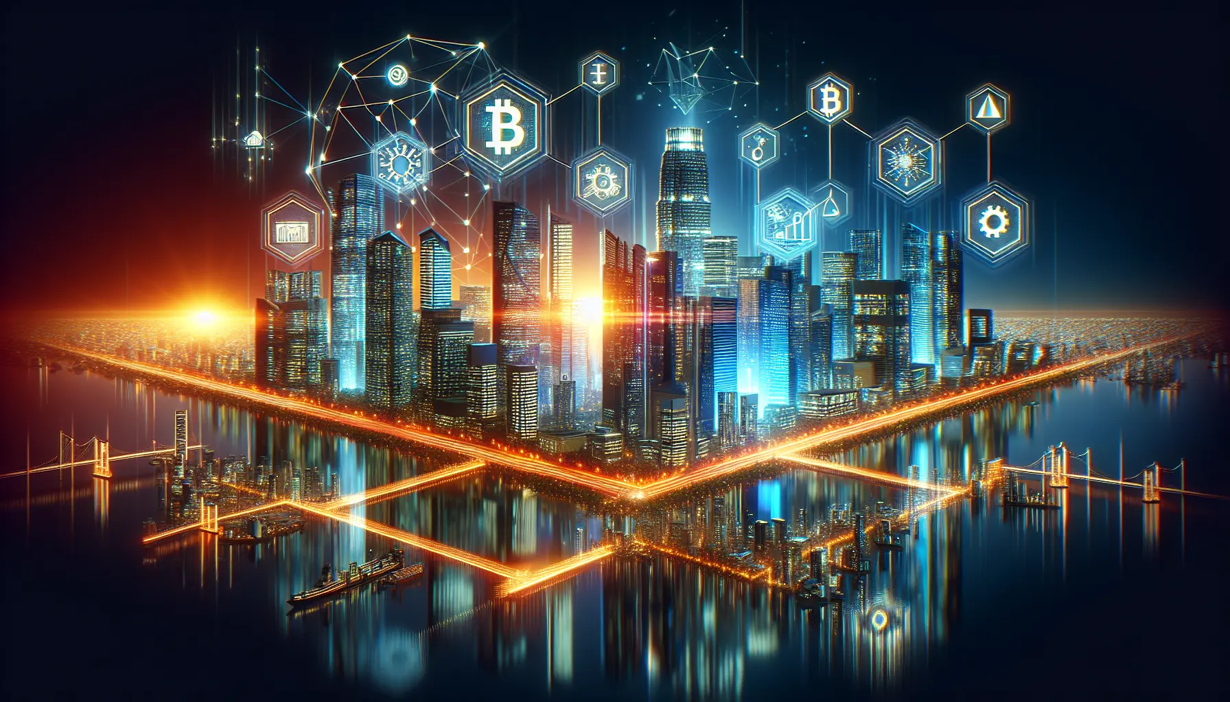 Rappresentazione grafica della tecnologia blockchain con nodi e catene di dati