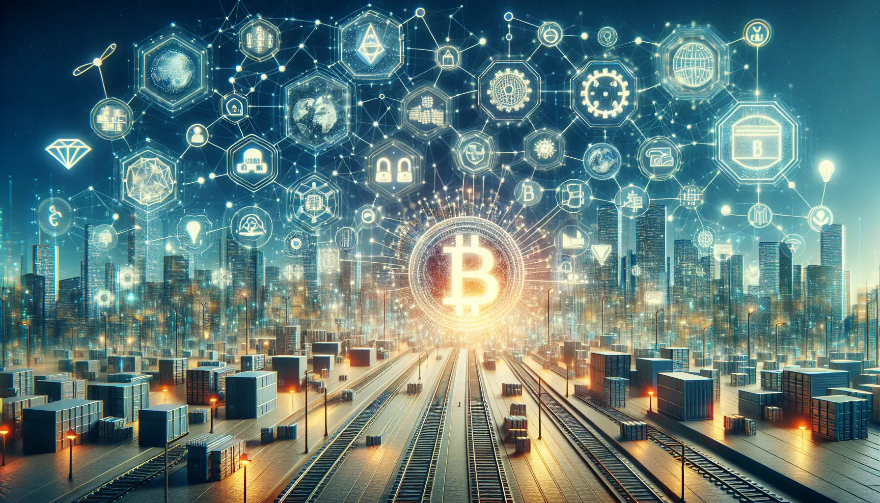 Rappresentazione grafica della tecnologia blockchain con nodi e catene che simboleggiano la sicurezza e la trasparenza dei dati.