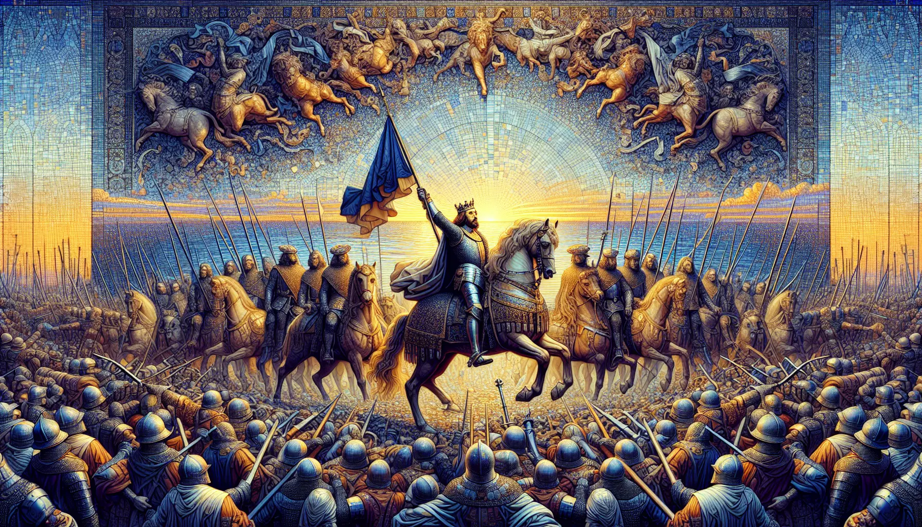 Ritratto di Carlo VII di Francia, il Vittorioso, con simboli della monarchia e della guerra.