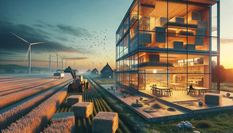 Immagine di una casa passiva circondata da un ambiente naturale, evidenziando il design sostenibile e l'uso di materiali ecologici.