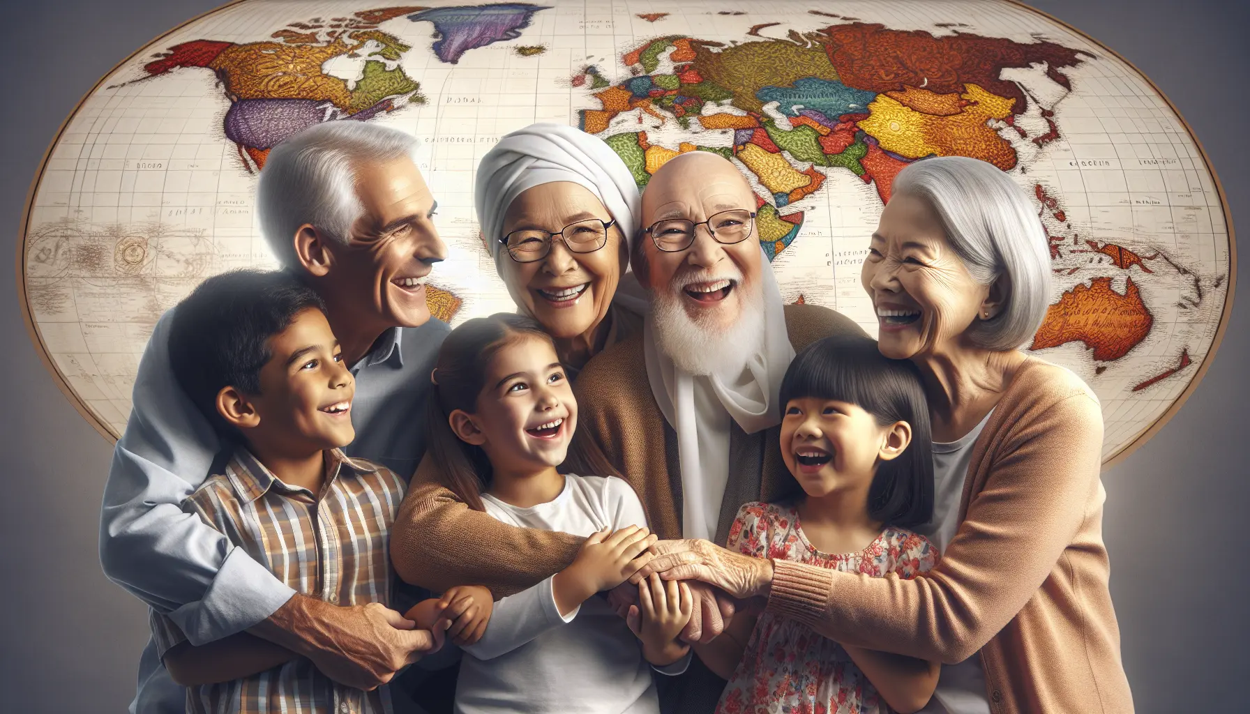 Nonni e nipoti che trascorrono del tempo insieme, sorridendo e condividendo momenti di gioia.
