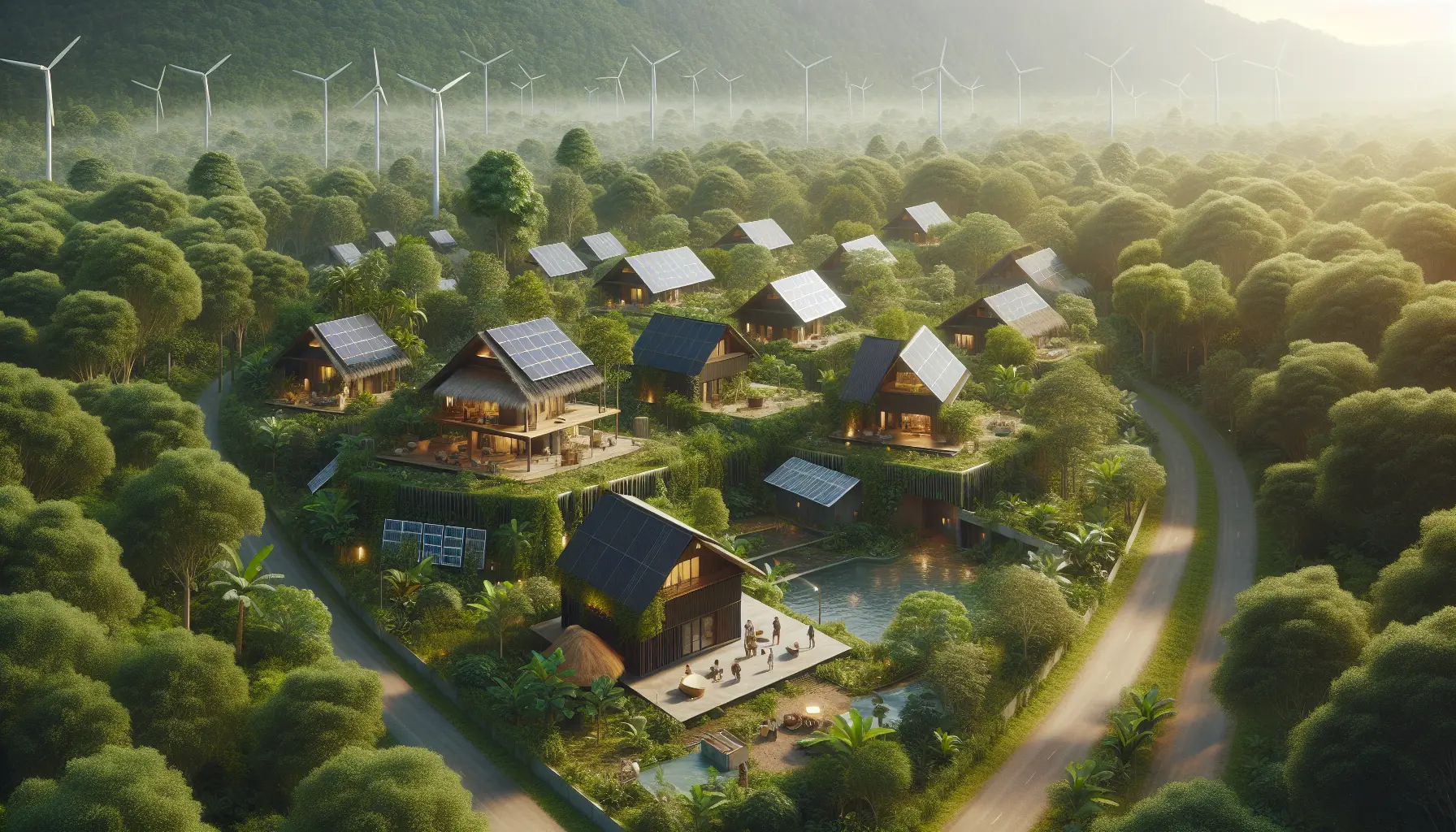 Immagine di una comunità ecologica con orti, case sostenibili e spazi condivisi