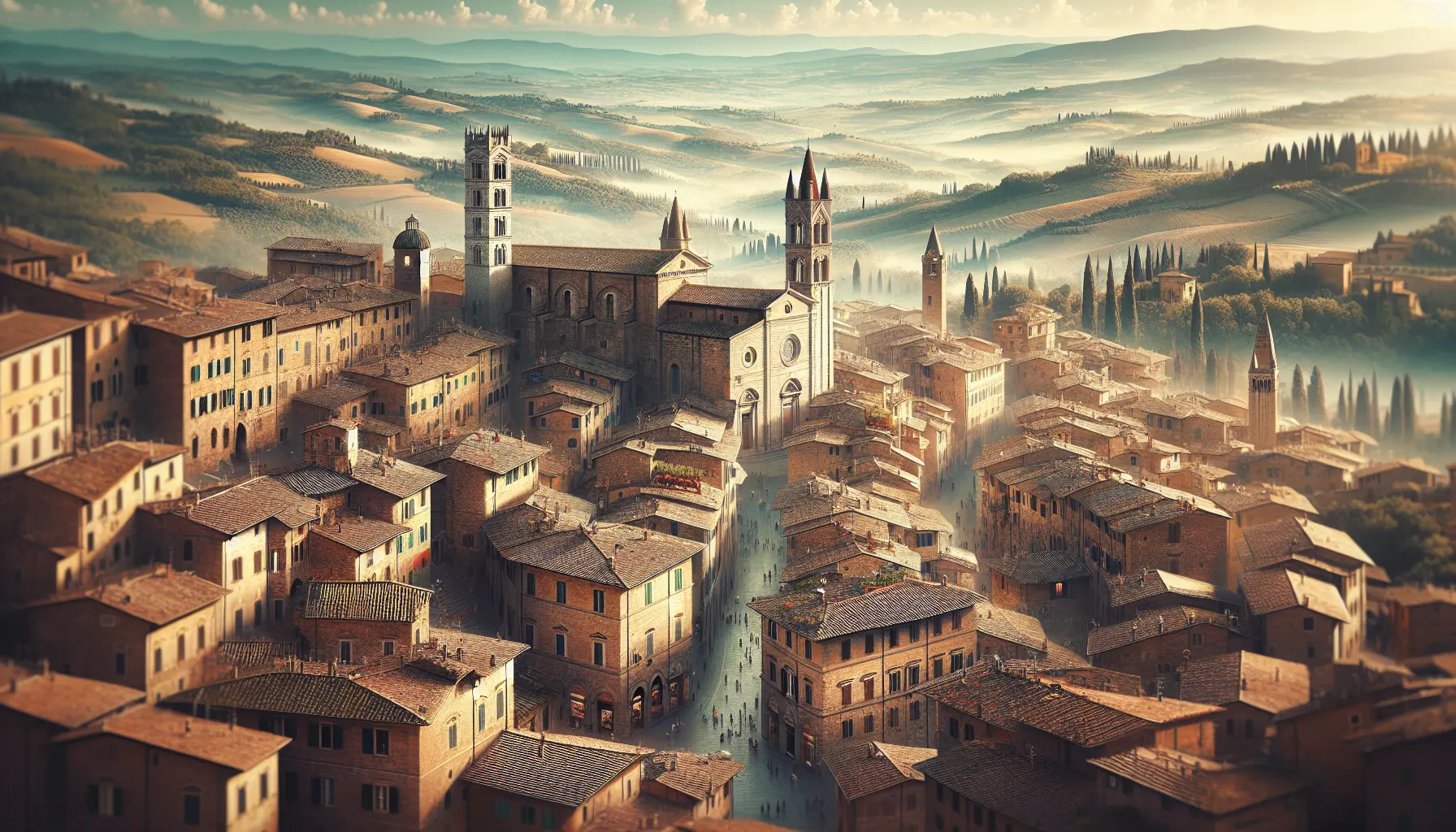 Vista panoramica di Cortona con le sue strade antiche e il paesaggio toscano circostante.