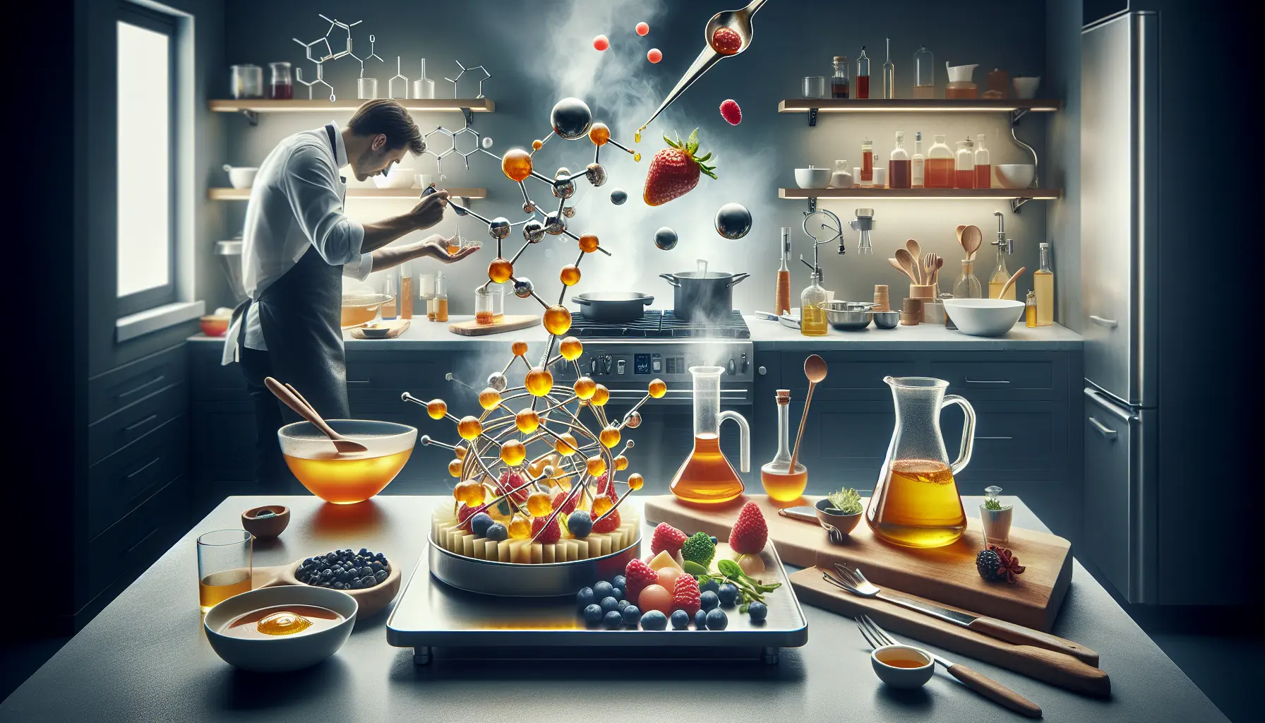 Un piatto di cucina molecolare con sfere di succo di frutta e schiuma di pomodoro, presentato artisticamente su un piatto moderno.