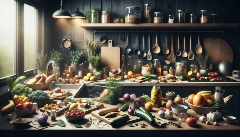 Ingredienti freschi e stagionali su un tavolo di legno, pronti per essere cucinati in piatti sostenibili.