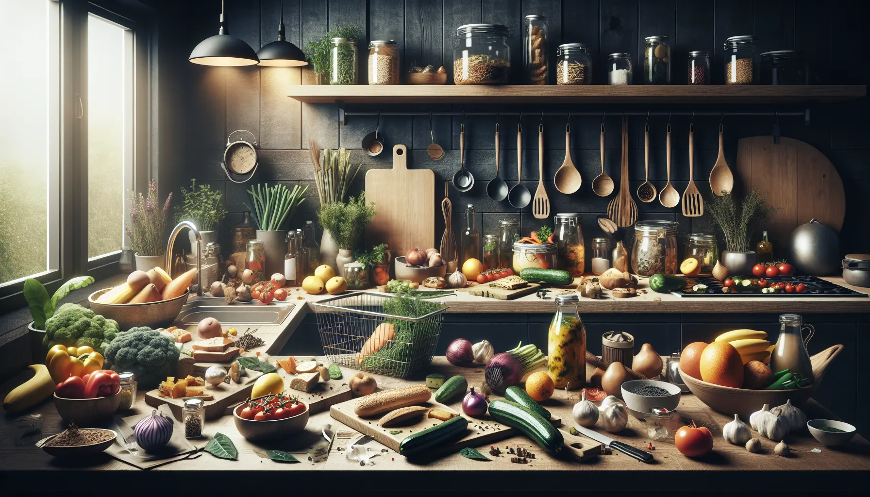 Ingredienti freschi e stagionali su un tavolo di legno, pronti per essere cucinati in piatti sostenibili.