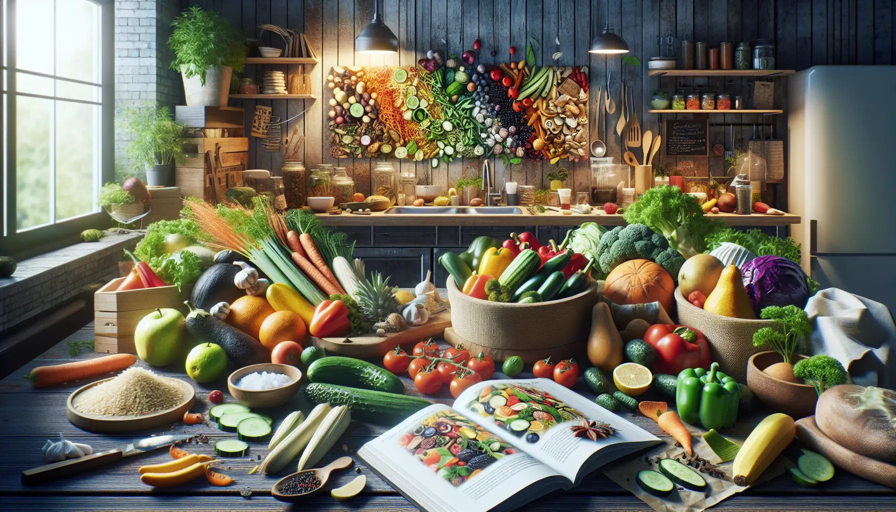 Un tavolo imbandito con piatti preparati con ingredienti a zero sprechi, mostrando la varietà e la creatività nella cucina sostenibile.