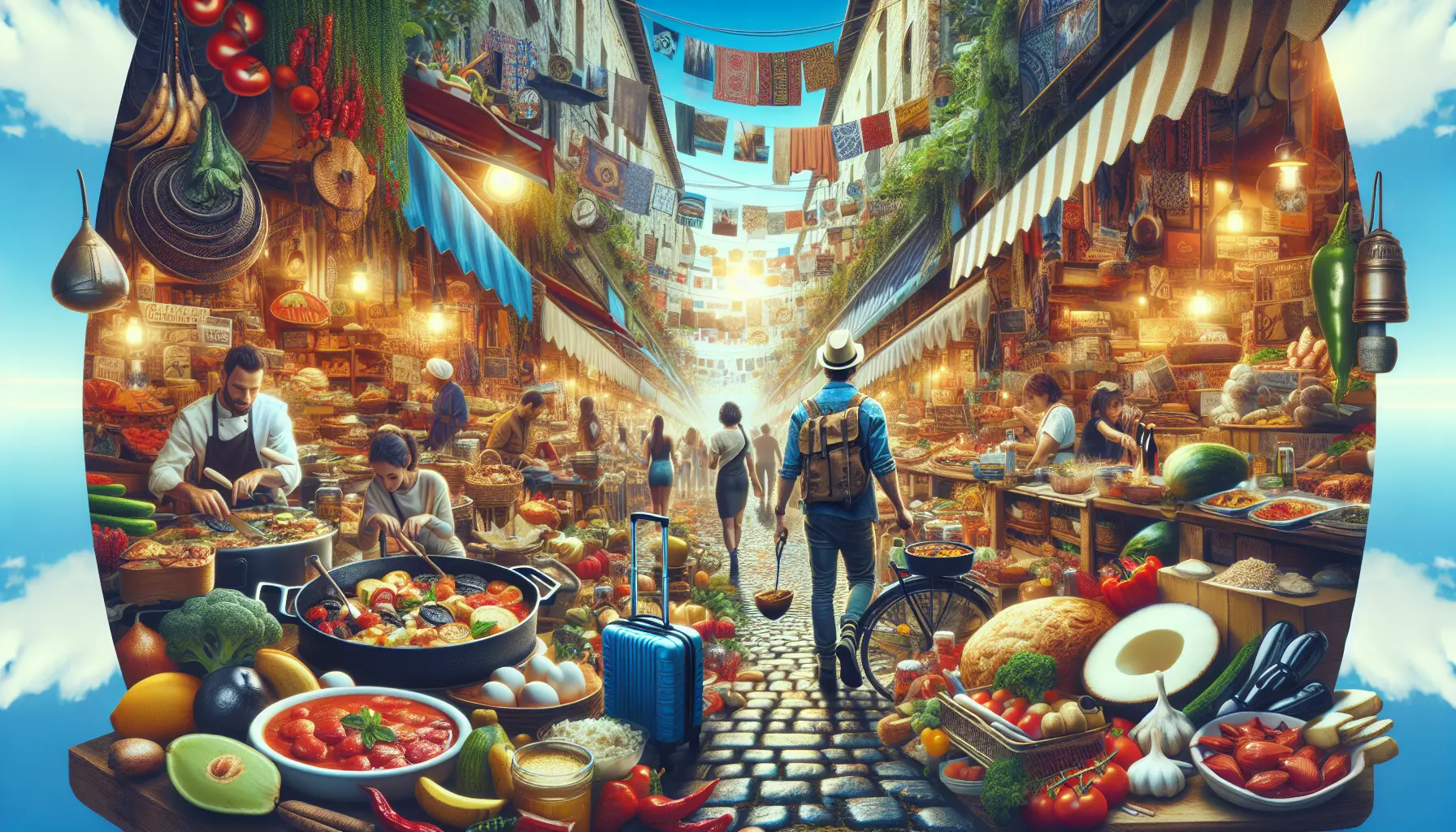 Mercato locale con bancarelle di cibo e persone che assaporano piatti tipici