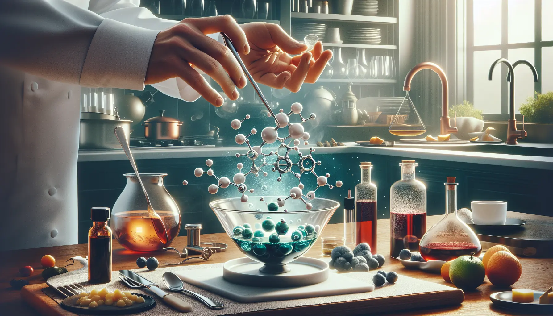 Un piatto di cucina molecolare con gelatina di vino rosso e spuma di frutta, presentato in modo creativo.