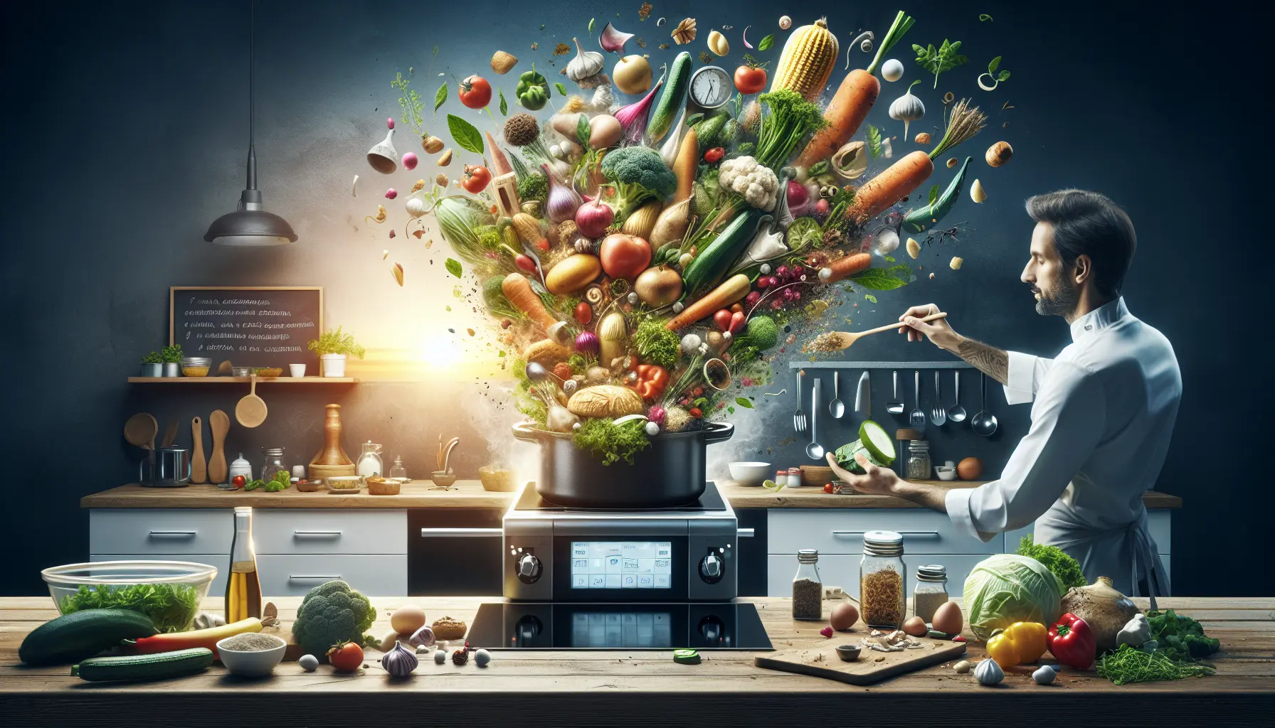 Ingredienti freschi e scarti alimentari utilizzati in cucina per ridurre gli sprechi