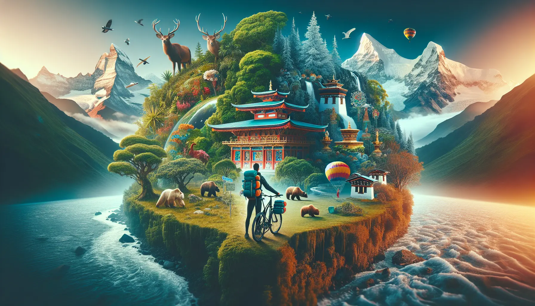 Viaggiatore in un ambiente naturale incontaminato, circondato da foreste e montagne, rappresentando il concetto di turismo eco-sostenibile.