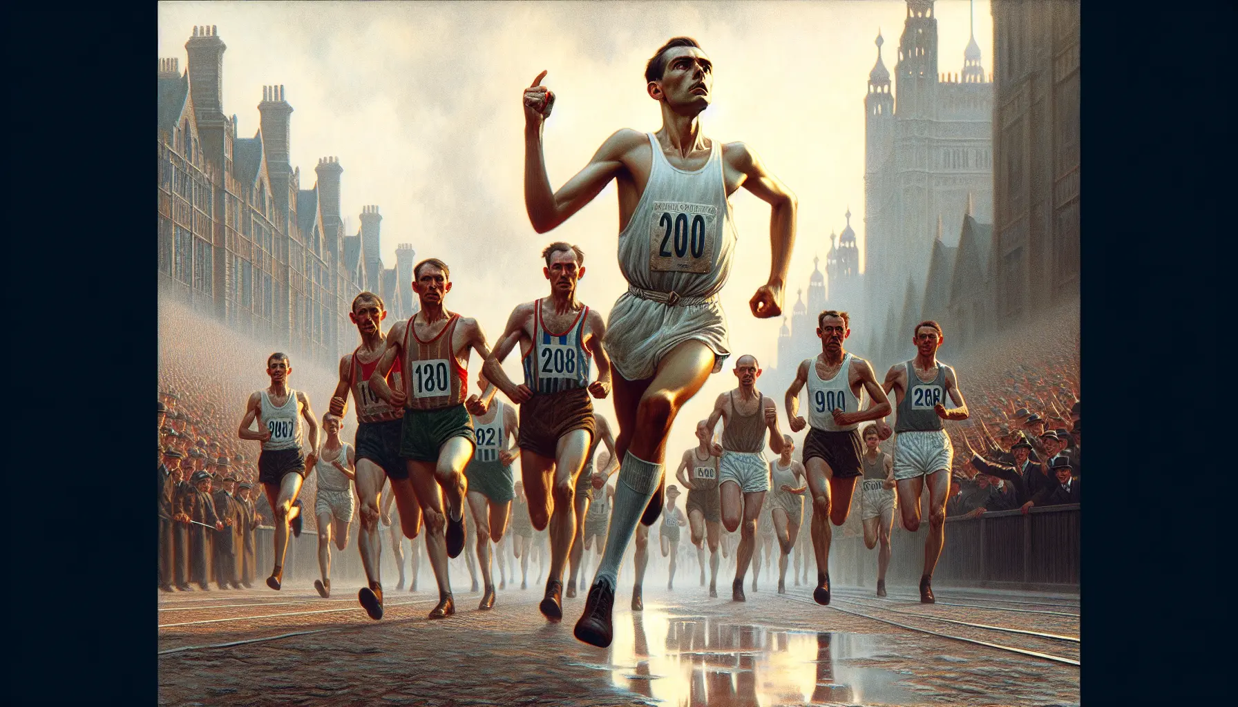 Dorando Pietri che corre durante la maratona olimpica, visibilmente affaticato ma determinato.