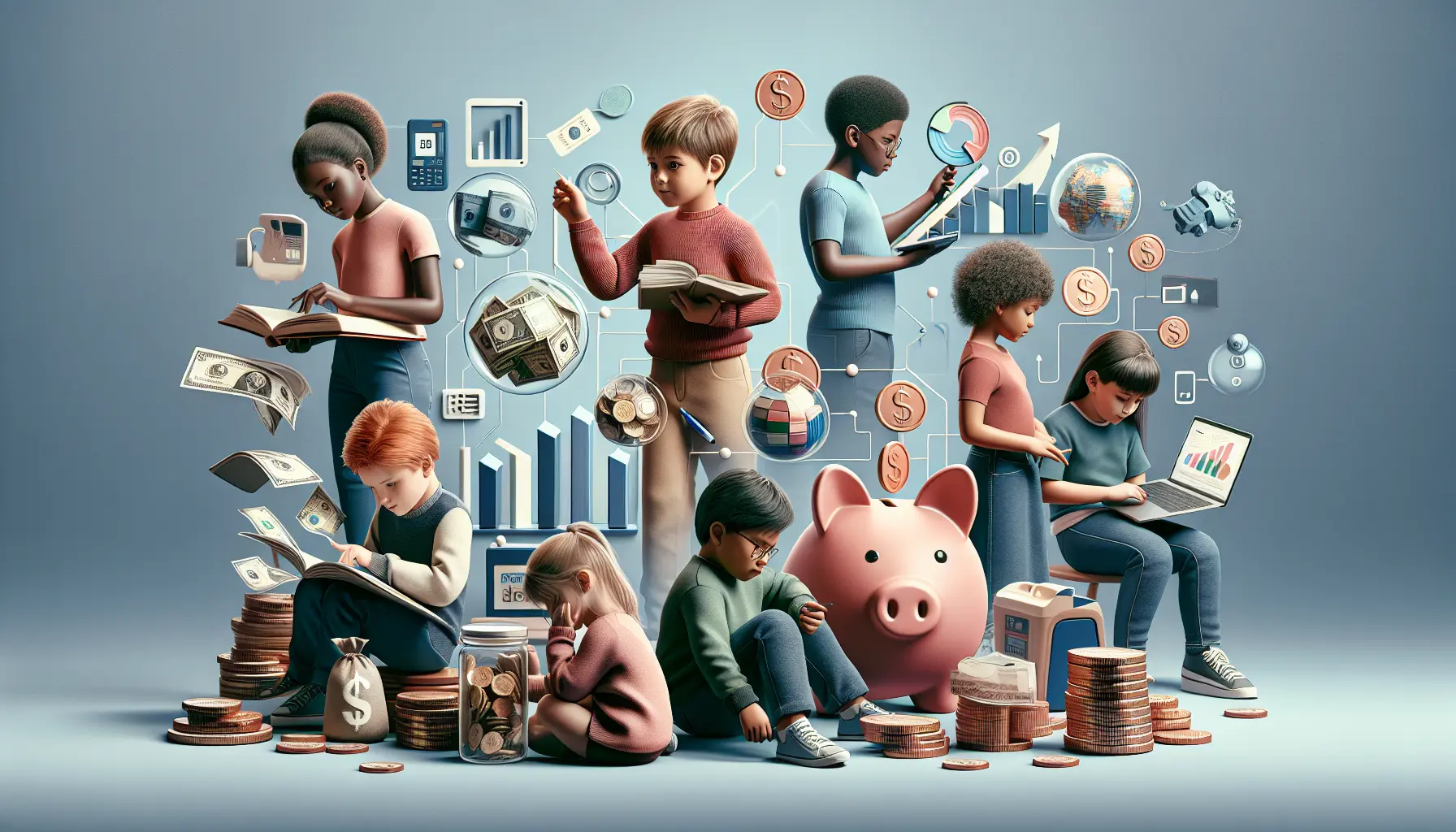 Un bambino che conta monete e sorride, mentre impara a gestire il denaro.