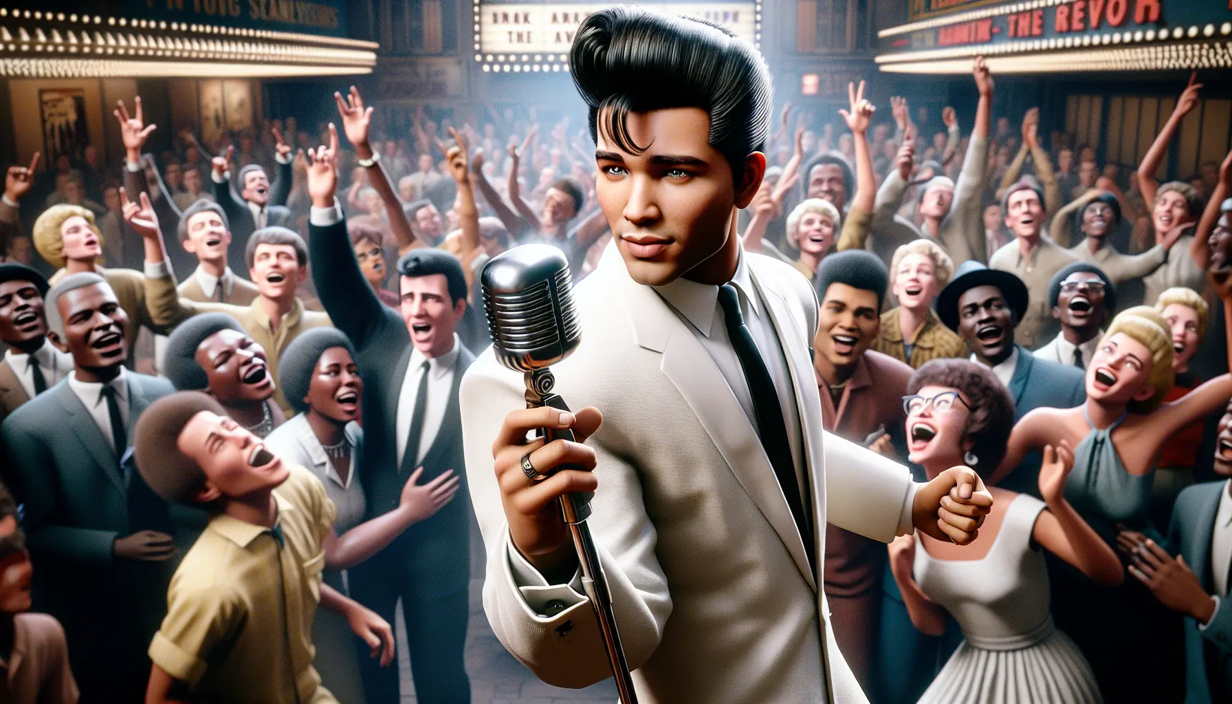 Elvis Presley in un famoso concerto, con la sua iconica giacca e il microfono in mano, mentre si esibisce davanti a una folla entusiasta.