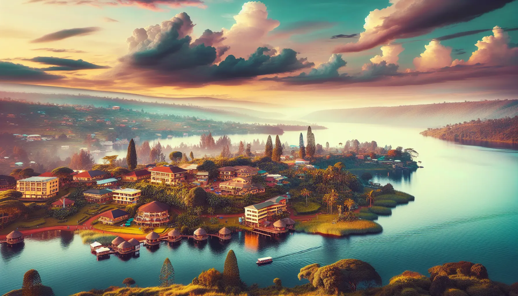 Vista panoramica di Entebbe con il lago Vittoria sullo sfondo e giardini ben curati.