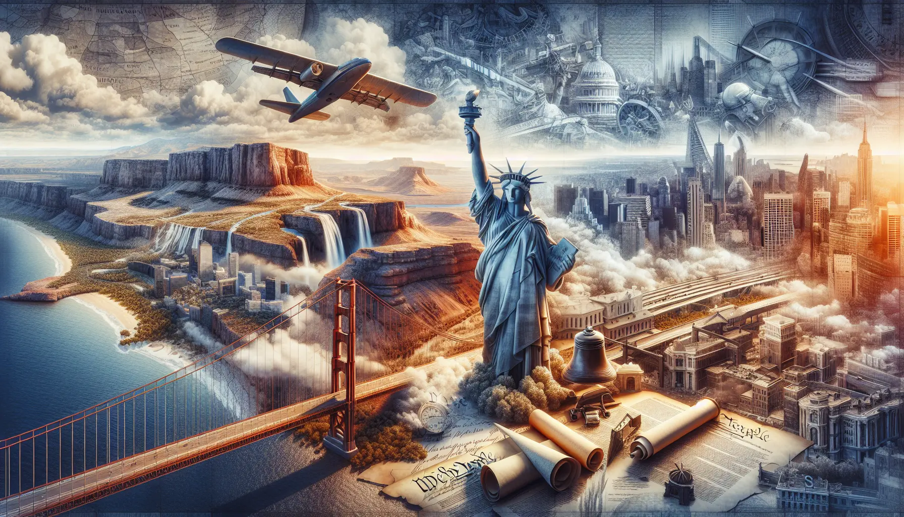 Mappa degli Stati Uniti d'America con simboli rappresentativi delle diverse culture e tradizioni