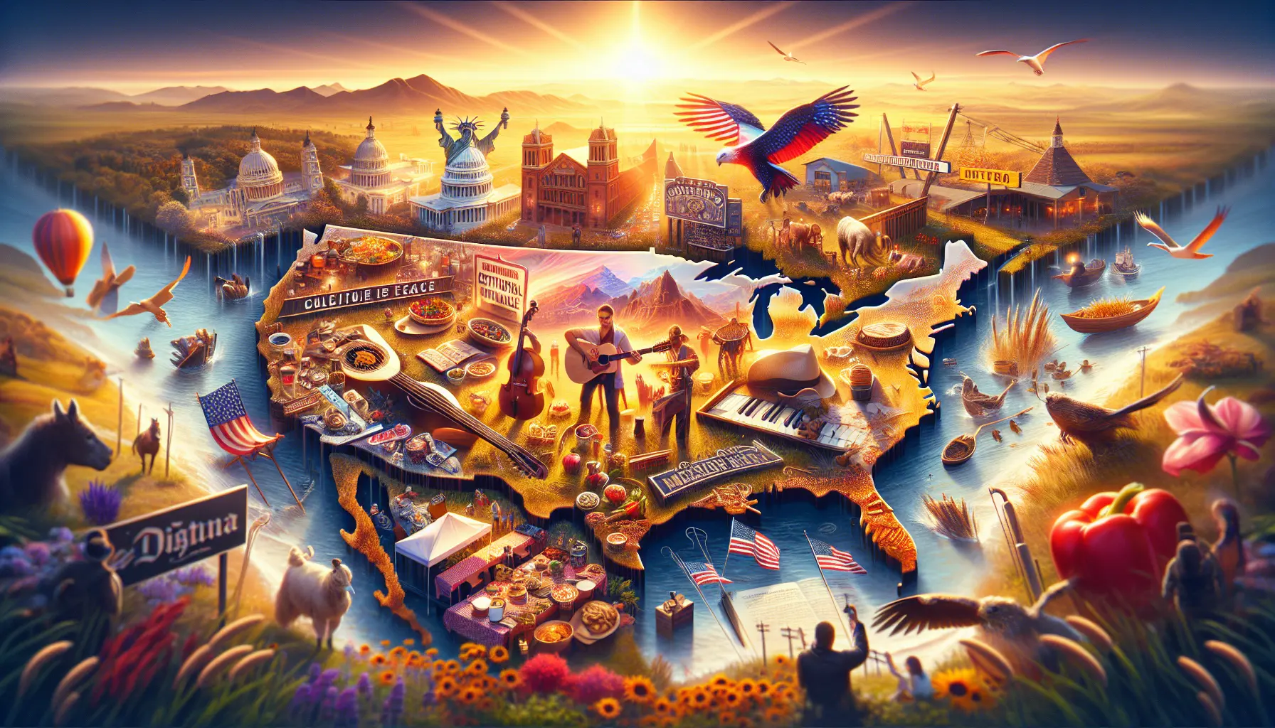 Un collage di immagini rappresentative della cultura americana, inclusi elementi di musica, danza e cibo.