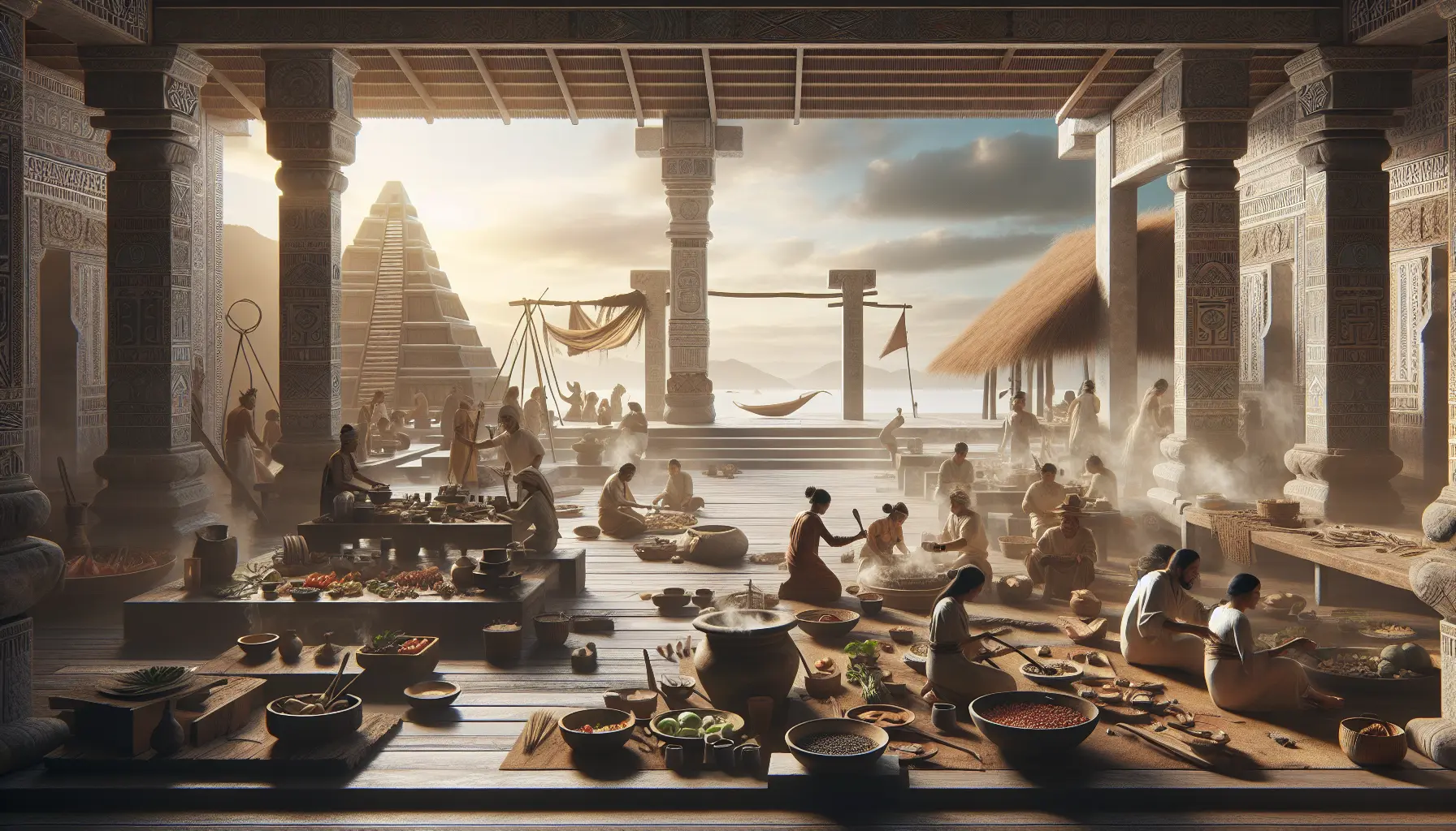 Un tavolo imbandito con piatti tradizionali delle cucine indigene, circondato da persone che condividono un pasto insieme.