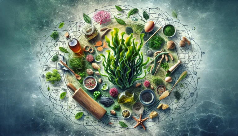 Un piatto di insalata fresca con alghe, avocado e semi di sesamo, rappresentando l'uso innovativo delle alghe in cucina.