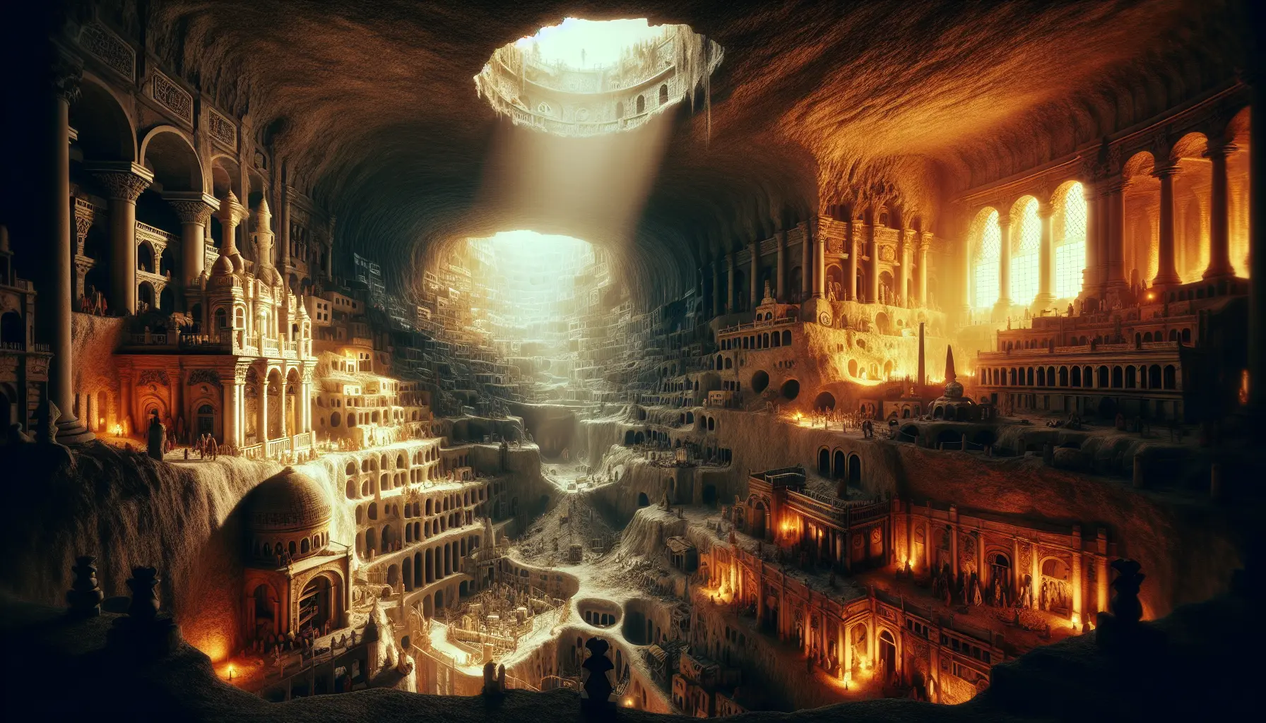 Un tunnel sotterraneo illuminato che conduce a una camera segreta, con pareti di pietra e un'atmosfera misteriosa.