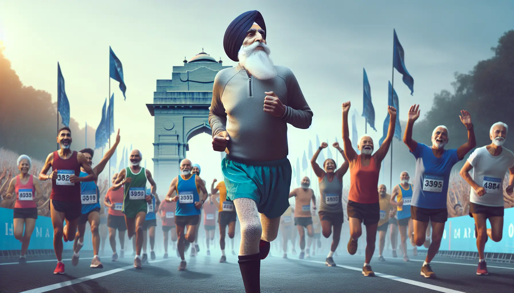 Fauja Singh mentre corre in una maratona, simbolo di resilienza e determinazione.