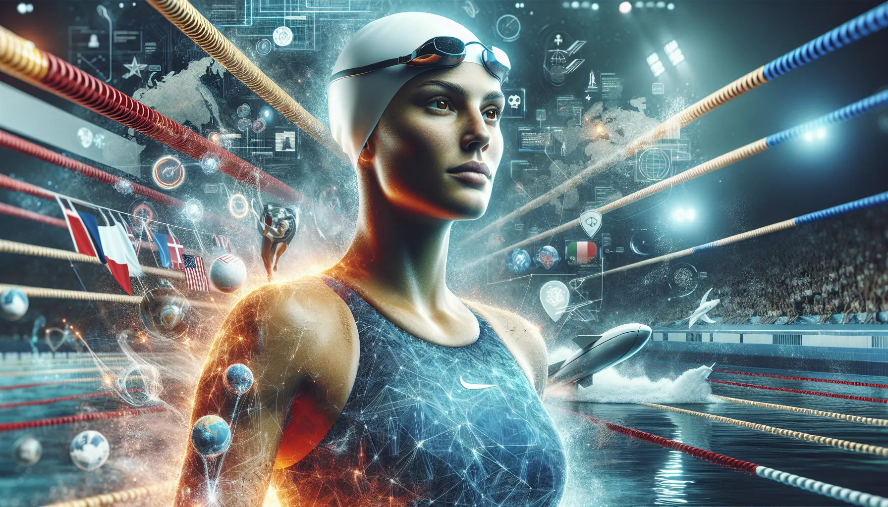 Federica Pellegrini durante una gara di nuoto, esprimendo determinazione e passione per il suo sport.