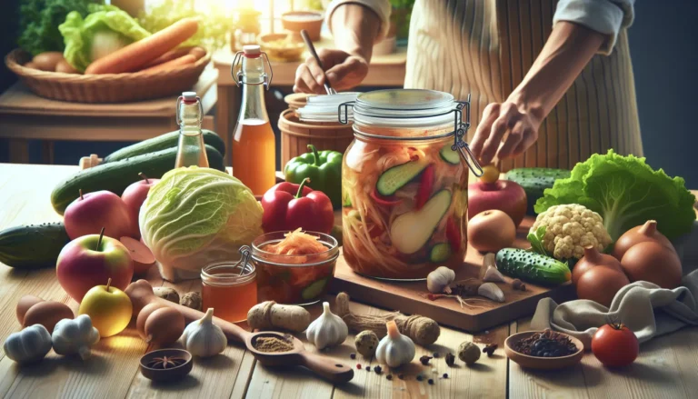 Barattoli di kimchi e kombucha in fermentazione con ingredienti freschi e colorati
