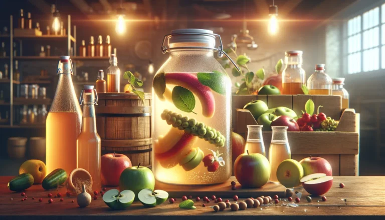 Un assortimento di bevande fermentate colorate, tra cui sidro di mele e kombucha, decorate con frutta e erbe fresche.