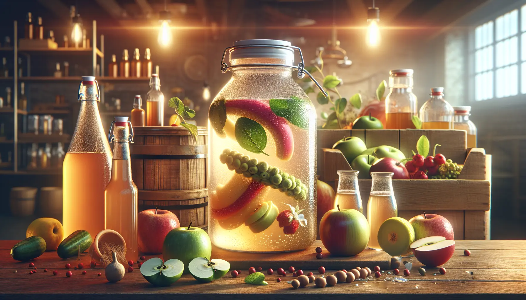 Un assortimento di bevande fermentate colorate, tra cui sidro di mele e kombucha, decorate con frutta e erbe fresche.